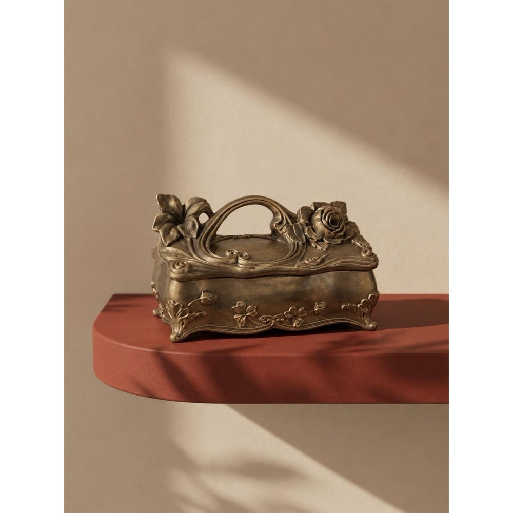 Vintage Art Nouveau Gold Metal Floral Trinket Box Rose Lily Jewelry Casket